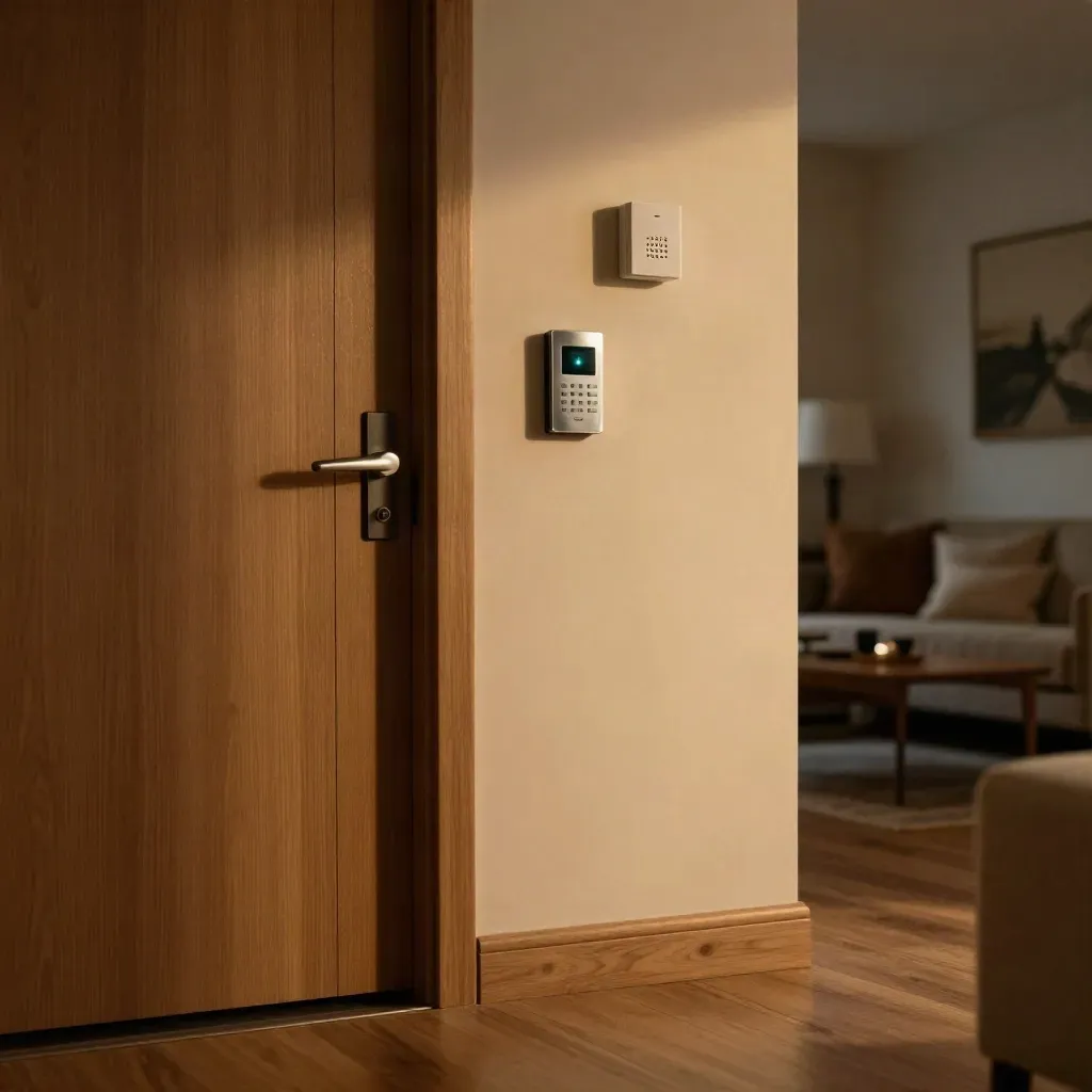 Pasillo de vivienda al anochecer con teclado de alarma, sensor de ventana y sirena discreta.