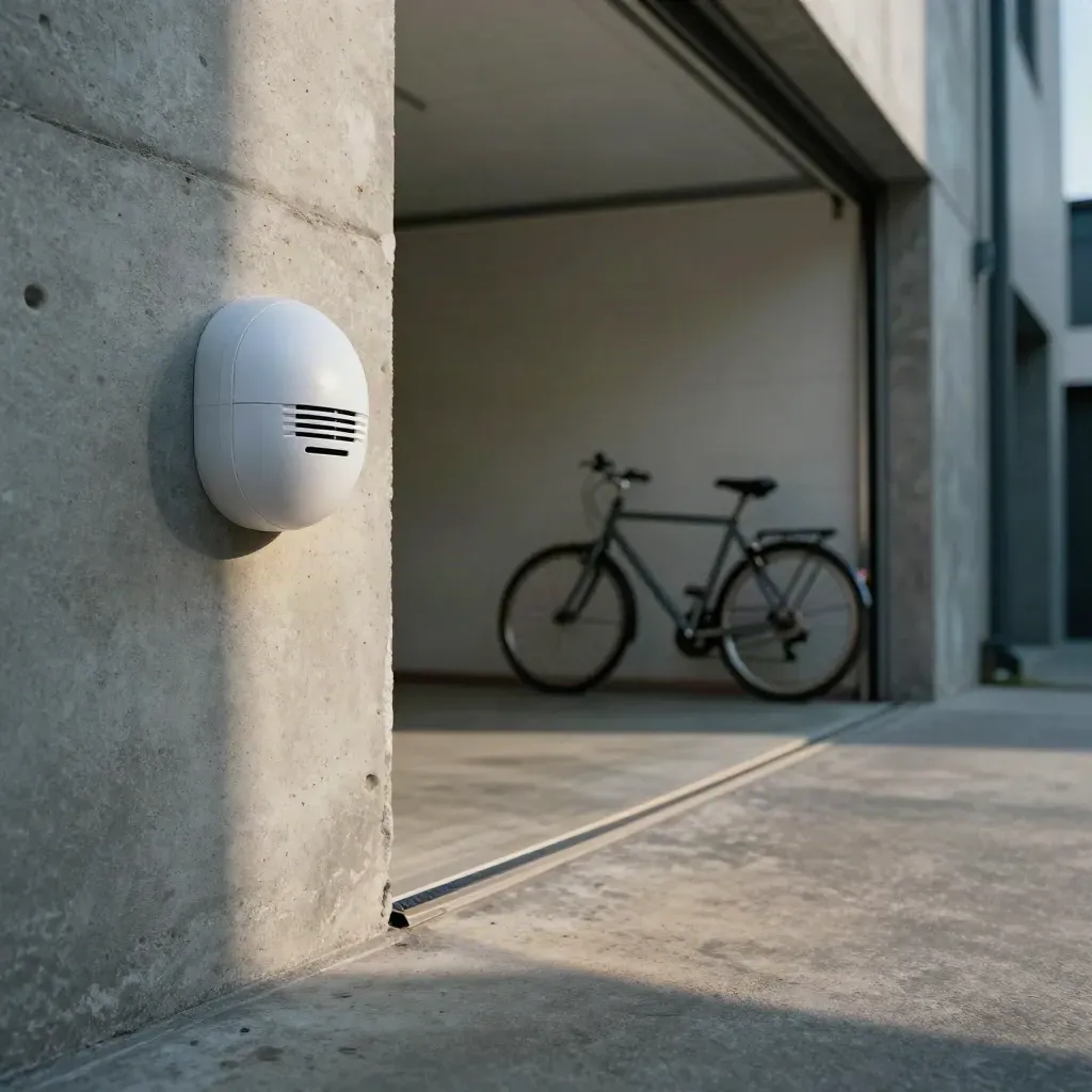 Sensor de movimiento blanco en pasillo estrecho con garaje abierto y bicicleta al fondo.
