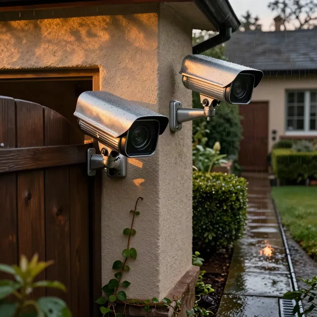 Dos cámaras CCTV de aluminio vigilando un patio húmedo junto a una fachada