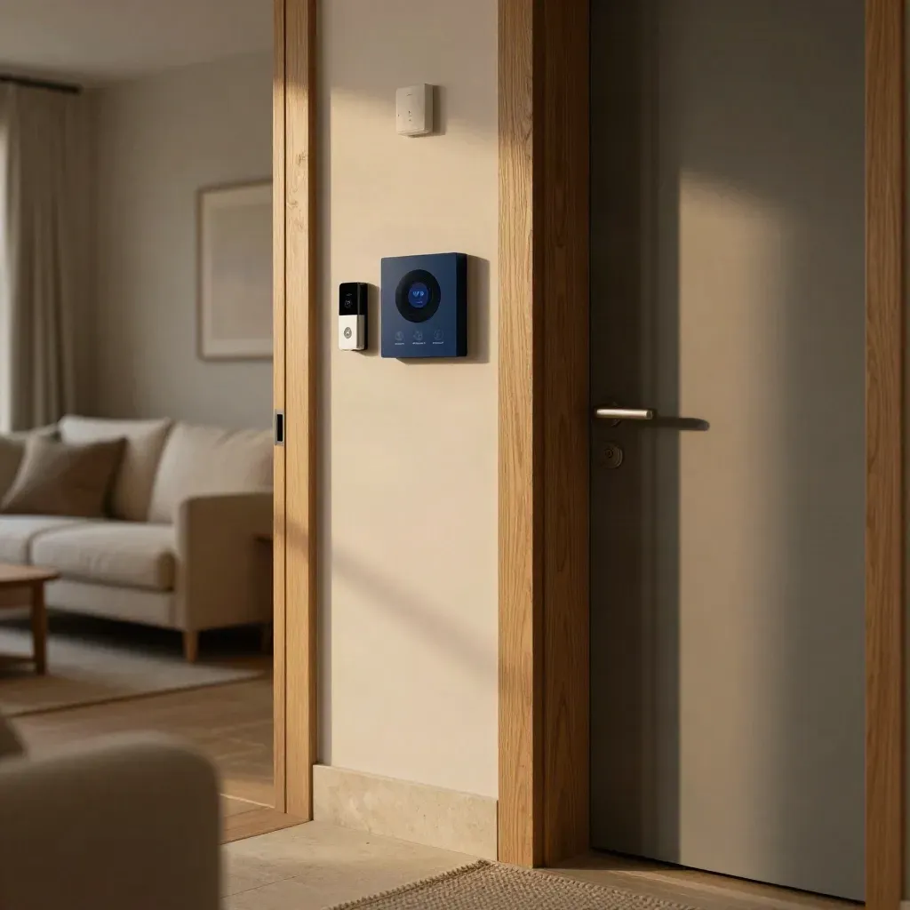 Entrada de piso familiar con alarma armada, videoportero y consola discreta junto a la puerta.