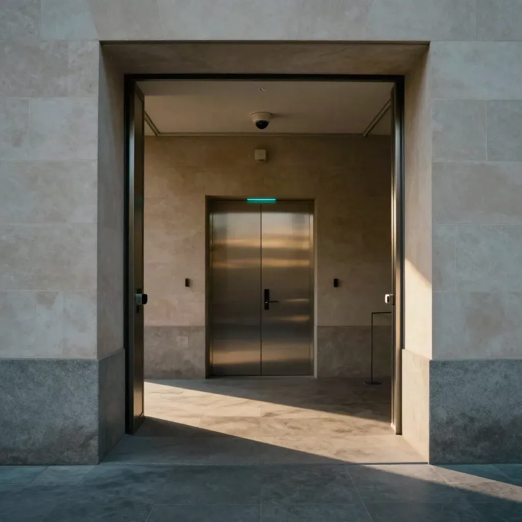 Portal comunitario con cámaras en techo, sensor de paso y puerta interior cerrada, ambiente cinematográfico.