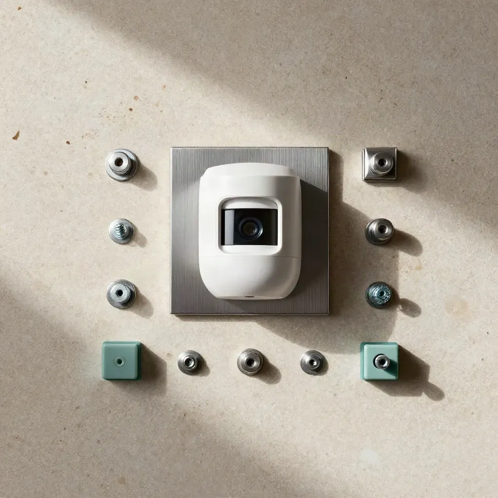 Vista cenital de una instalación de alarma limpia con sensor, tornillos y clips sobre piedra clara.