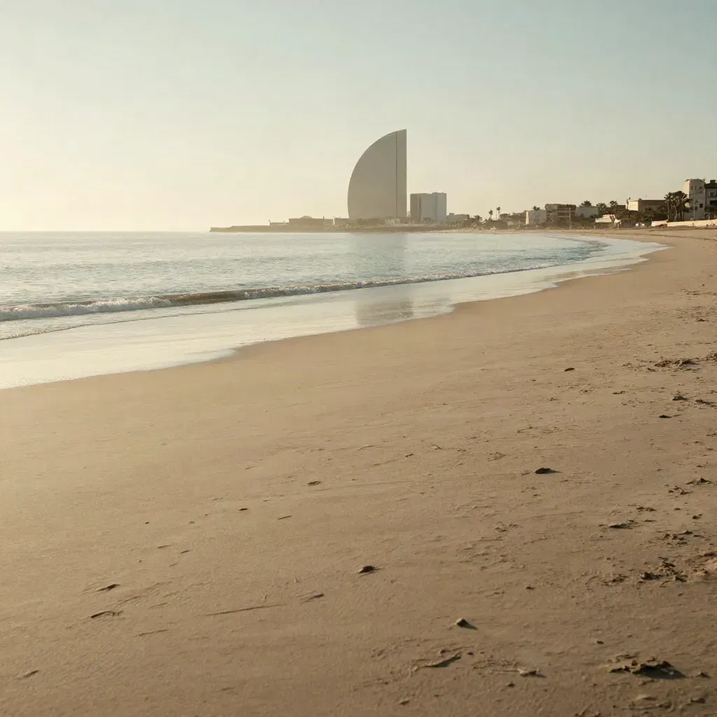 Costa valenciana al atardecer con mar en calma, arena clara y silueta arquitectónica lejana.