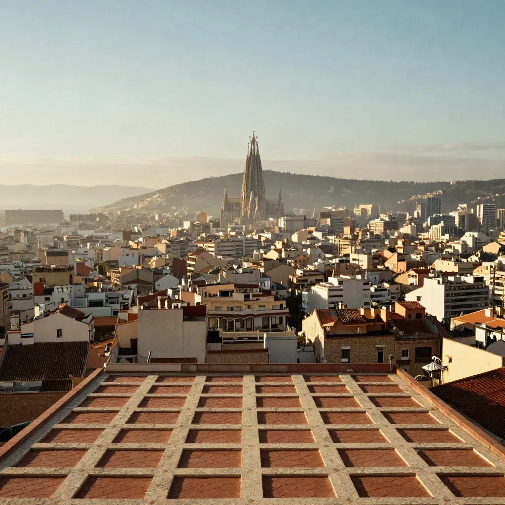 Barcelona vista desde Collserola con la Sagrada Família en lo alto y la ciudad velada por bruma.